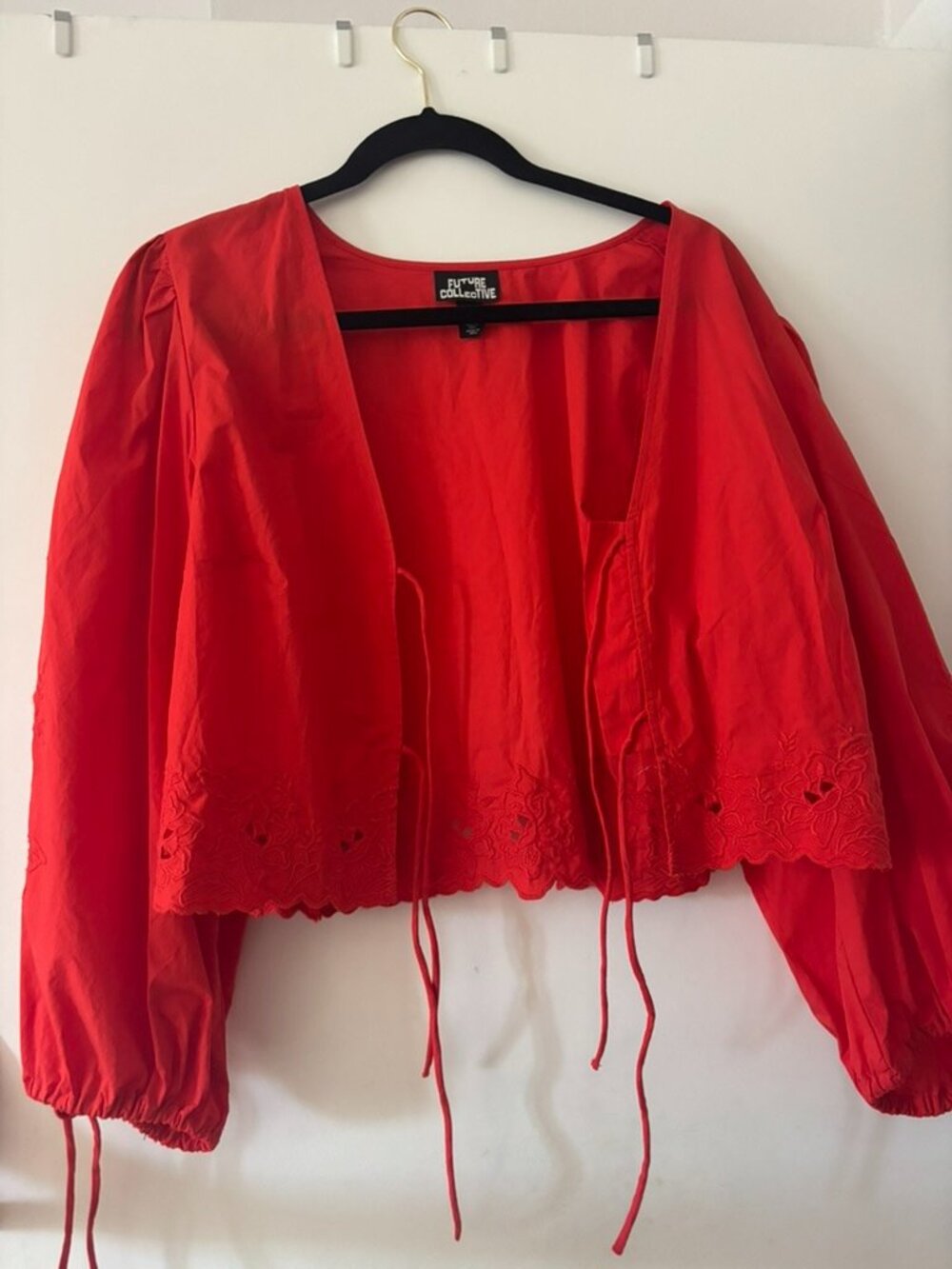 Future Collective Red Embroidered Eyelet Cropped Jacket Top
